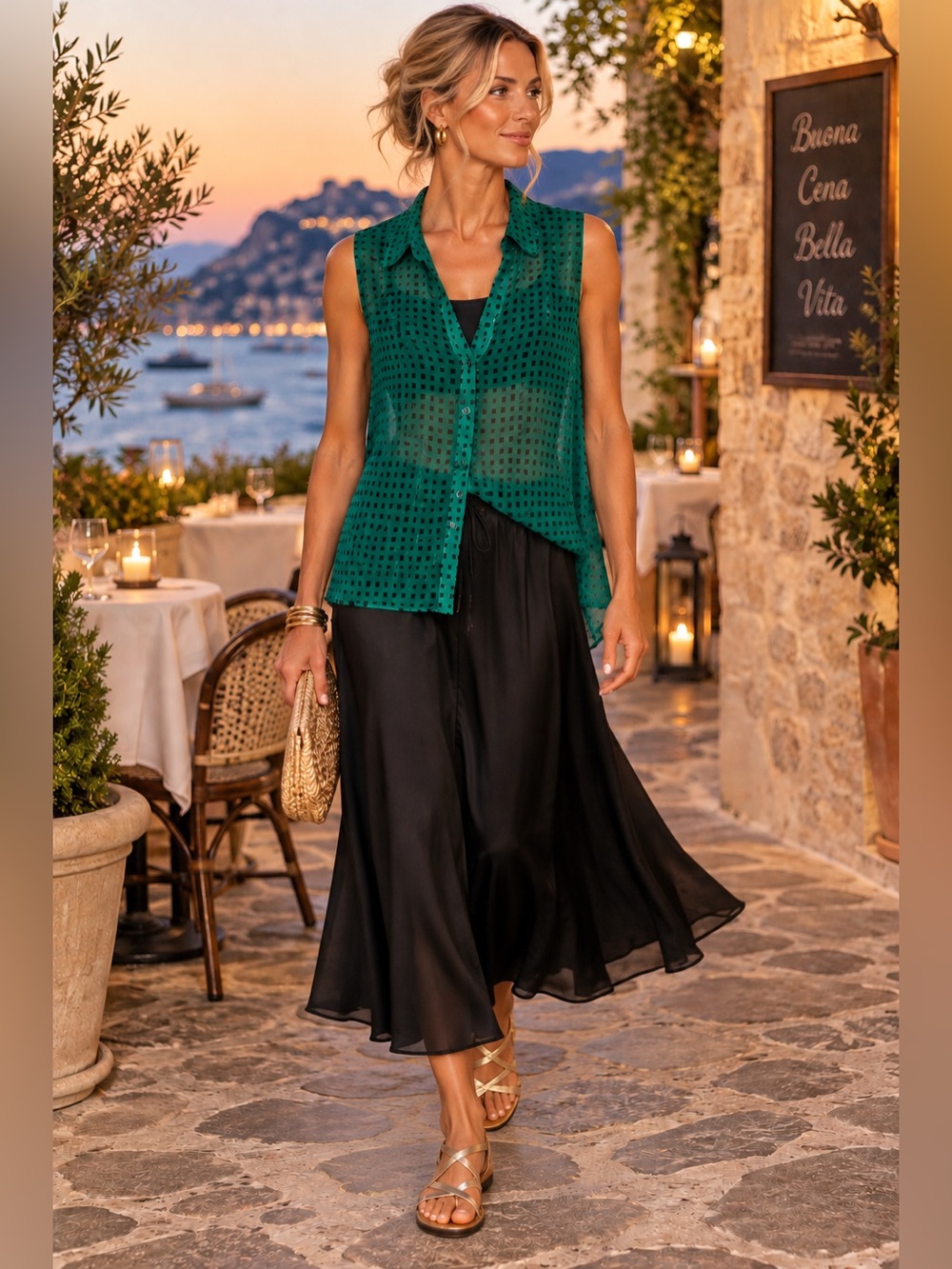 Rose & Olive Green Sheer Sleeveless Button-Up Blouse